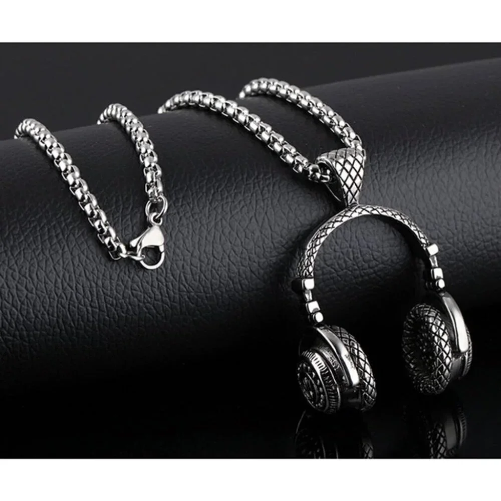 New Silver Stainless Steel Headphone Pendant Necklace for Men | DJ Music Gift